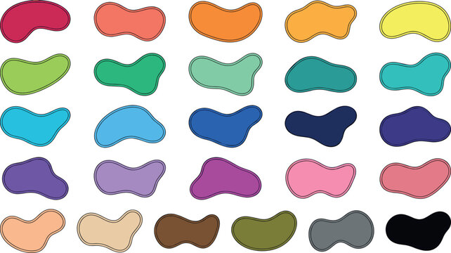 Colorful abstract liquid blob frame vector set featuring organic fluid amoeba shapes with thin black outline borders.