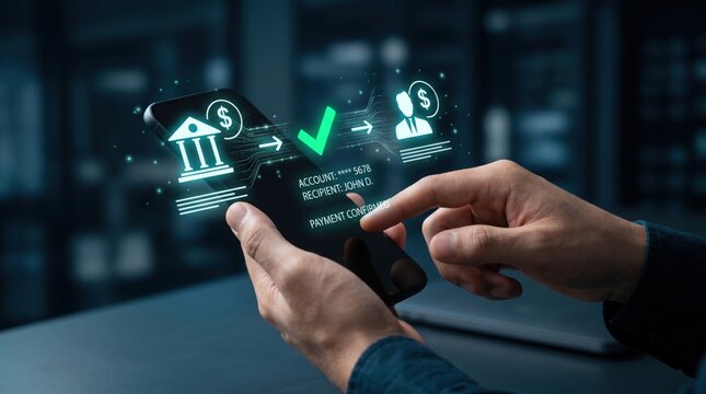Mobile banking payment confirmation on smartphone screen, secure online transaction with green checkmark, fintech and digital finance concept.
