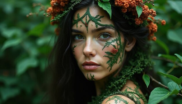 Young woman with face art in forest setting wears floral crown made of leaves, berries. Natural skin makeup features vine patterns on forehead, cheeks. Earth goddess personification look embodies