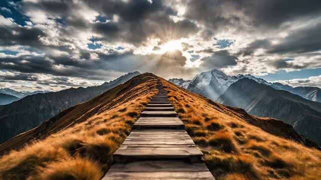Wooden path leads to a bright sun over majestic mountain peaks