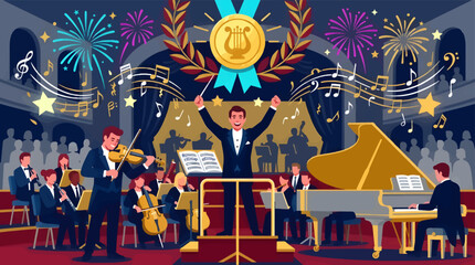Triumphant Symphony Orchestra Performance with Conductor, Violinist, Pianist, and Audience, Golden Medal Award and Fireworks Celebration, Flat Vector Illustration © sus