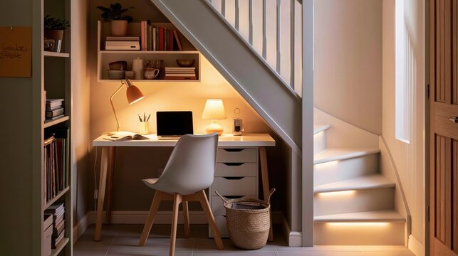 Tiny tidy desk nook tucked under a staircase with a warm lamp and laptop, small home office concept