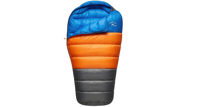 Blue and orange sleeping bag for outdoor camping and hiking adventures isolated on transparent background