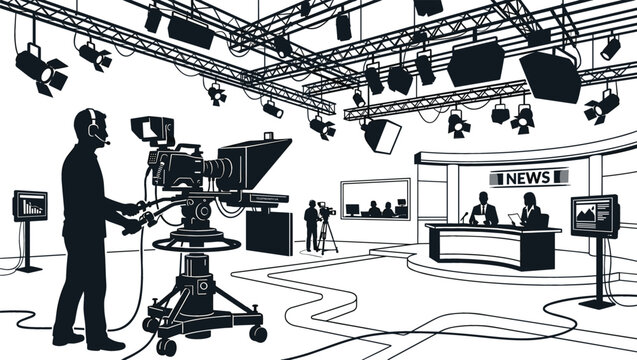 Television news studio vector illustration with silhouette cameraman operating video camera broadcast anchor desk and overhead stage lighting rig set.