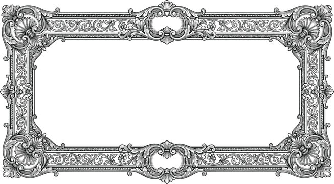 Ornate vintage baroque picture frame with detailed floral filigree and rococo scrollwork border pattern in hand drawn woodcut engraving sketch style.