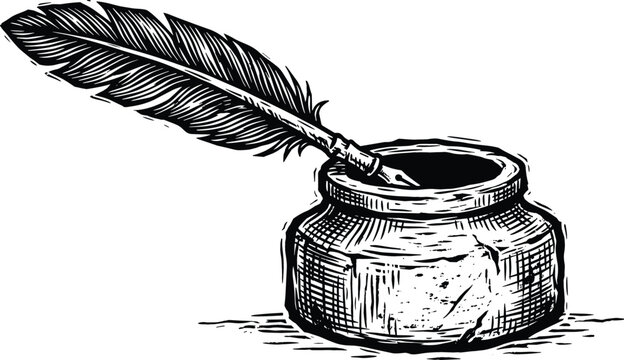 Vintage feather quill pen inside old inkwell bottle hand drawn engraving sketch vector illustration isolated on a white background design.