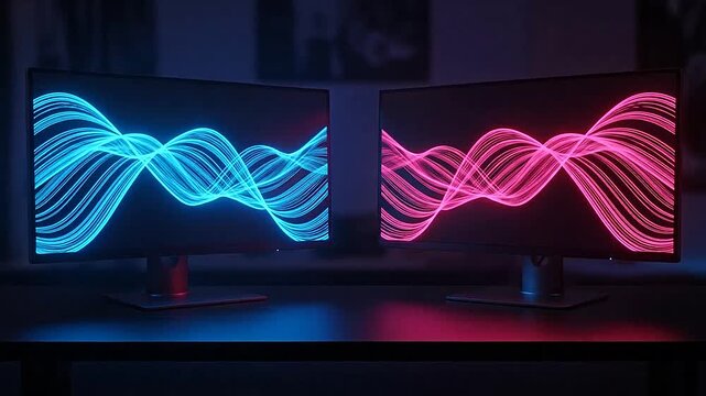 Two computer monitors display glowing abstract wave patterns in a dark room