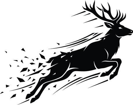 Dynamic running deer silhouette vector illustration with abstract shatter dispersion effect and large antlers isolated on white background graphic logo.