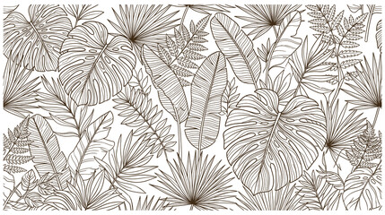 Tropical jungle leaf illustration featuring monstera palm and fern fronds in vintage brown. © KALPANA AKTER