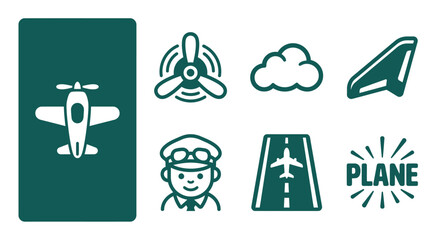 Minimal dark teal aviation icon set featuring airplane, propeller, cloud, wing, pilot, runway, and typography. Flat vector graphic collection for travel branding and app interfaces. © Latifatul