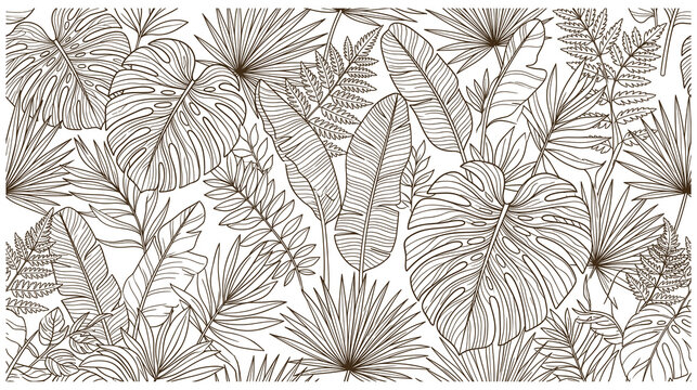 Tropical jungle leaf illustration featuring monstera palm and fern fronds in vintage brown.