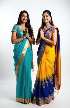 Two Indian women in colorful saris offer greeting gesture. Stand side by side with hands pressed together, smiling warmly. Vibrant traditional attire stands out against clean white background.