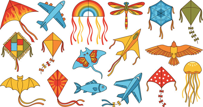 Colorful Flying Kites Vector Illustration Set with Various Shapes Like Airplane Rainbow Bird Fish and Butterfly for Outdoor Summer Activities Designs