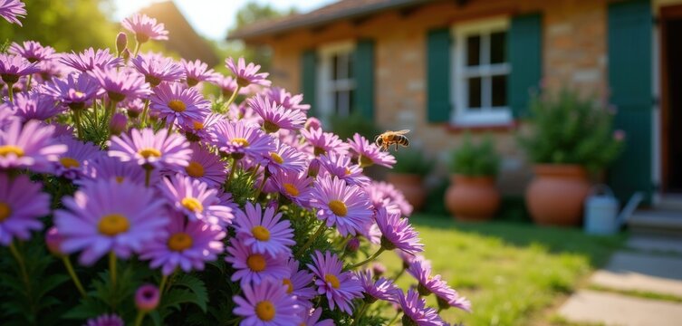 Blooming purple aster flowers grow in rural home garden. Honey bee flies around petals on sunny autumn day. Countryside house with green shutters, clay pots stands in background. Green grass lawn