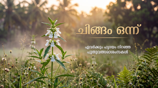 Wild white thumbapoo flower in misty Kerala village landscape at sunrise featuring Chingam 1 Malayalam typography and copy space in landscape format