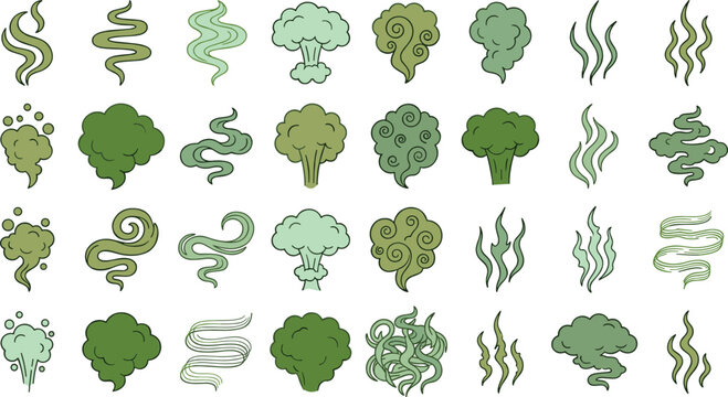 Bad Odor and Stink Cloud Vector Icon Set with Green Smelly Gas Vapor Steam Swirls and Bad Breath Scent Symbols