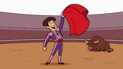 Triumphant Matador in Purple and Pink Costume Holding Red Cape in Bullfighting Arena, Sad Bull Lying Down in Background, Flat Vector Illustration