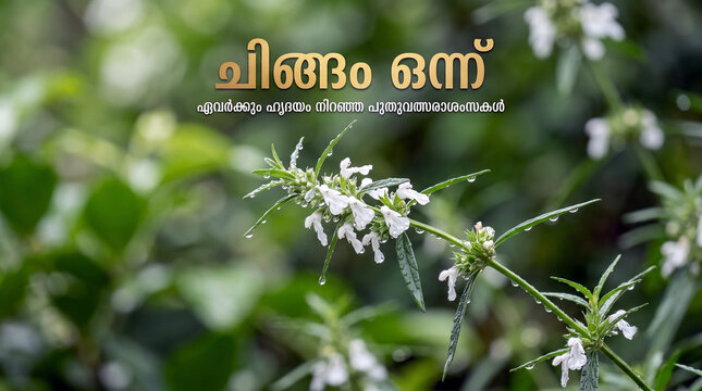 Fresh white thumbapoo flowers with water droplets on green foliage featuring Chingam 1 Malayalam typography text and copy space in landscape format