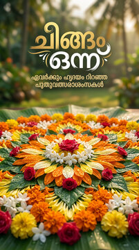 Traditional Kerala floral carpet Pookkalam with Chingam 1 Malayalam typography text at morning light in vertical portrait format