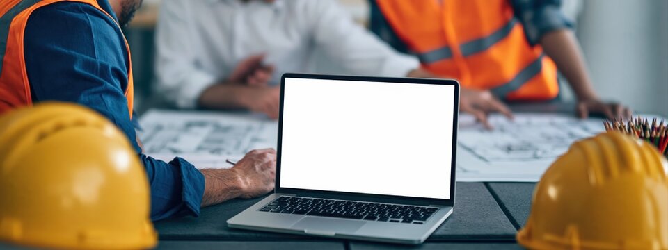 Construction professional team planning architecture design on laptop engineering site