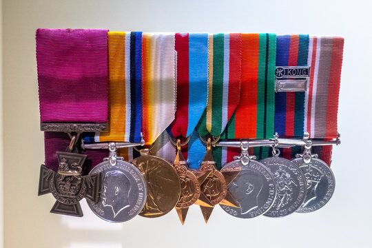 Ottawa, Ontario, Canada. July 18, 2026. Close-up of a Victoria Cross medal group on display at the Canadian War Museum.