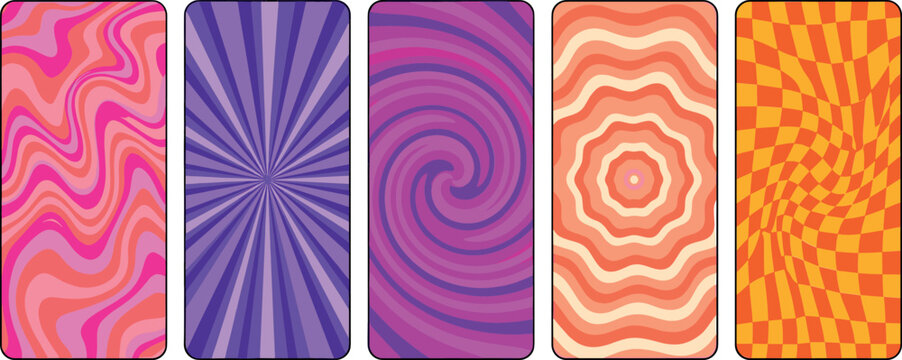 Set of groovy psychedelic backgrounds featuring colorful retro trippy patterns abstract marble waves checkers sunburst and spiral swirls