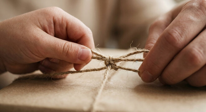 Close up of hands tying jute twine bow on brown kraft paper package