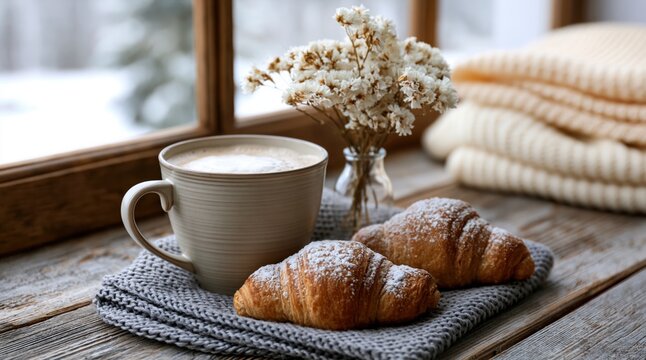Coffee and fresh croissant on a rustic wooden table for a cozy morning breakfast