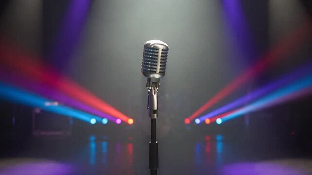 A vintage microphone stands centered on a dark stage under bright colorful spotlights