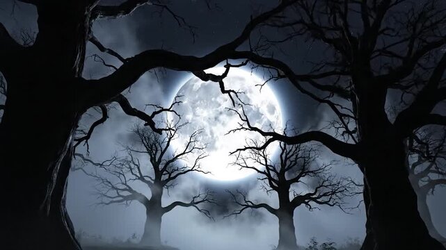A bright full moon shines through dark silhouettes of gnarled trees
