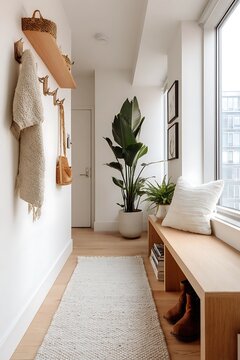 Bright home entryway with wooden bench and white rug near window plants.