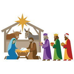 Naklejka premium Nativity scene with holy family and three wise men in stable nativity christmas religion christianity
