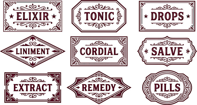 Vintage apothecary medicine label vector set featuring old apothecary bottles stamps for elixir tonic drops salve extract and remedy.