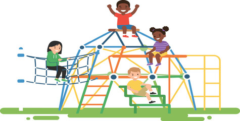 Cute diverse kids climbing on playground dome frame flat vector illustration set with active children © MdMejanur