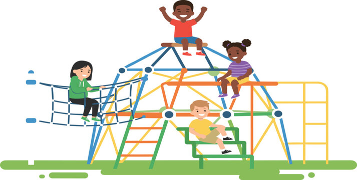 Cute diverse kids climbing on playground dome frame flat vector illustration set with active children