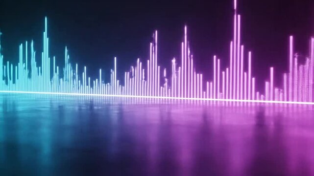 A vibrant digital audio waveform glows with neon blue and purple light against a dark background