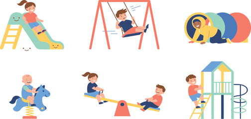 Cute kids playing on playground equipment flat vector illustration set with happy active children