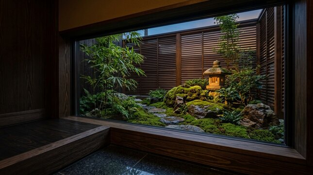 和モダンな玄関の地窓から眺める美しい坪庭と苔庭の風景