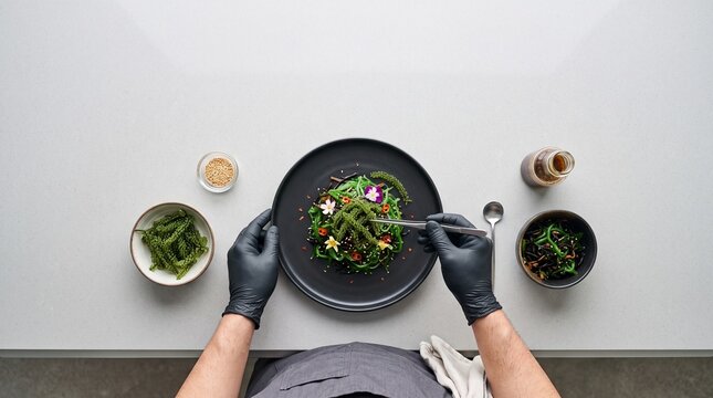 Chef Preparing Gourmet Sea Grapes and Seaweed Salad Flat Lay