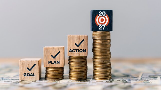Strategy for business growth with financial planning goals action and investment leading to 2027 target