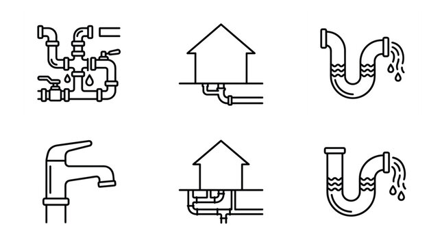 Plumbing Repair and House Drainage System Line Icon Set with Leaking Pipes Faucet Water Valve and Siphon Trap Symbols