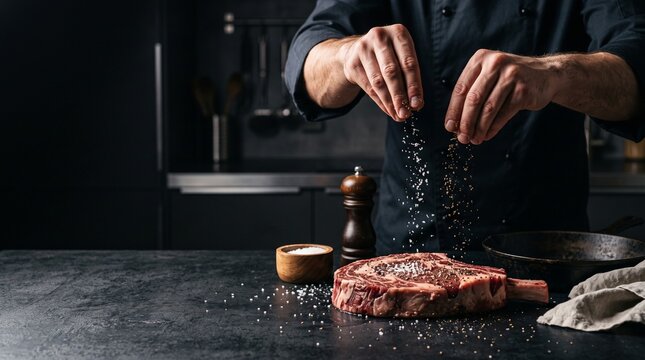 シェフが厚切りステーキに塩と胡椒で下味をつける調理シーン