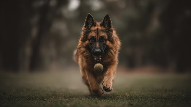German shepherd dog runs towards camera holding ball in natural setting