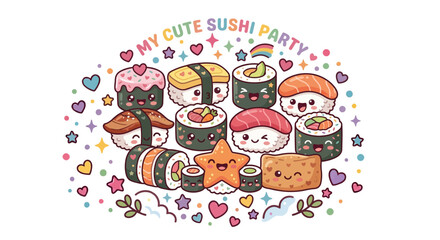 Naklejka premium Cute kawaii sushi food character vector set