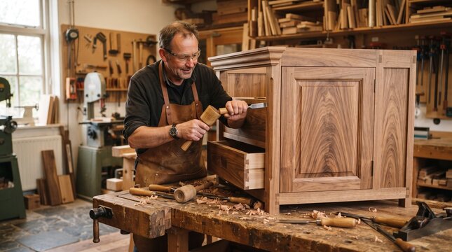 Skilled carpenter crafting handmade wooden furniture in woodworking workshop