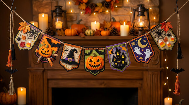 Cozy halloween banner with pumpkins, ghosts, and witch hats, festive autumn decoration