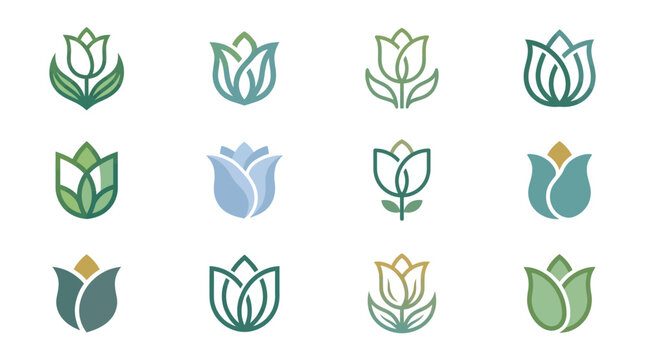 Stylized tulip flower logo design variations set.