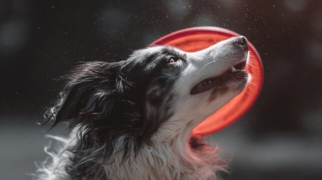 Dog reaching for a frisbee in sunlight capturing dynamic movement