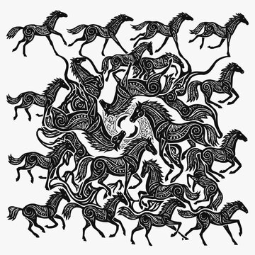 Artistic Horse Silhouette Animation Sequence Featuring Intricate Tribal Pattern Design and Stallions in Galloping Motion