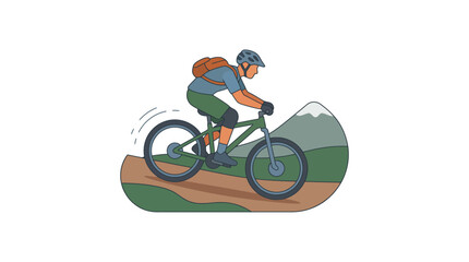 Obraz premium Mountain Biker Riding Downhill on Forest Trail with Peak Background Flat Vector Illustration